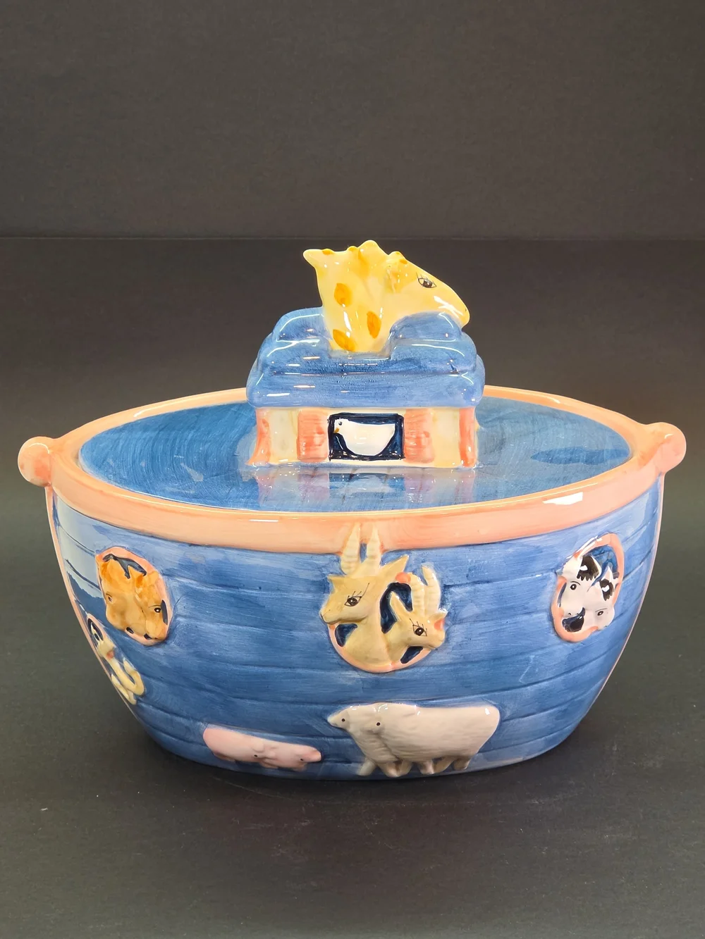 Noah's Ark Ceramic Cookie Jar EDI Sausalito Vintage VHTF RARE Blue Flat Lid